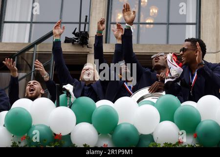 Rotterdam, Netherlands. 15th May, 2023. ROTTERDAM - Orkun Kokcu, Arne Slot, Javairo Dilrosun of Feyenoord and Quinten Timber of Feyenoord on the balcony of the town hall during the ceremony. The football club became national champion for the first time in six years. ANP SEM VAN DER WAL netherlands out - belgium out Credit: ANP/Alamy Live News Stock Photo