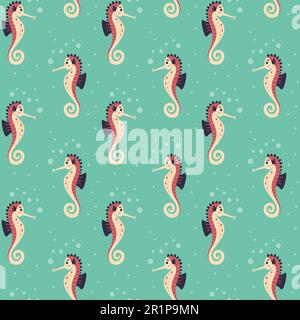 Cute seahorse seamless pattern with decorative bubbles, isolated on turquoise background. Hand-drawn vector illustration. Stock Vector