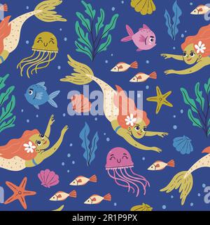 Mermaid seamless pattern. Cute mermaid swimming in the sea with seaweed, jellefish and fish. Isolated elements on blue background. Hand-drawn vector i Stock Vector