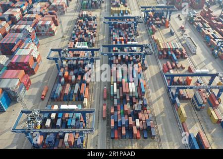 NANJING, CHINA - MAY 15, 2023 - Containers are stacked at the Longtan Container Terminal of Nanjing Port in Nanjing, Jiangsu province, China, May 15, Stock Photo