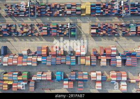 NANJING, CHINA - MAY 15, 2023 - Containers are stacked at the Longtan Container Terminal of Nanjing Port in Nanjing, Jiangsu province, China, May 15, Stock Photo