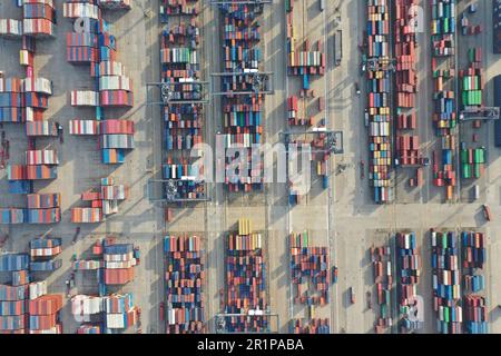 NANJING, CHINA - MAY 15, 2023 - Containers are stacked at the Longtan Container Terminal of Nanjing Port in Nanjing, Jiangsu province, China, May 15, Stock Photo