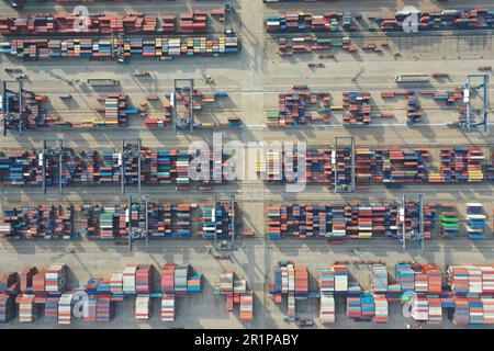 NANJING, CHINA - MAY 15, 2023 - Containers are stacked at the Longtan Container Terminal of Nanjing Port in Nanjing, Jiangsu province, China, May 15, Stock Photo