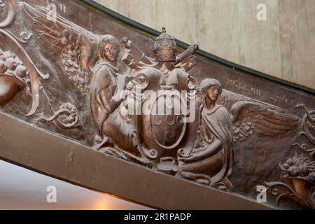 Papal coat of arms on staircase banister, Europe/, coat of arms of Pope Pius IX on balustrade of staircase, Vatican Museums, Vatican City, Vatican Stock Photo