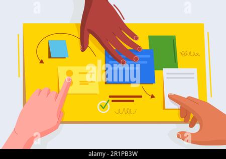 Business software development team planning work together. Scrum methodology tasks board full of tasks on sticky note cards. Hands stick and write on the board. Vector illustration. Stock Vector