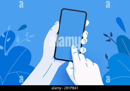 The hand holds a smartphone and touches the touchscreen. Flat style with outline. Vector illustration Stock Vector