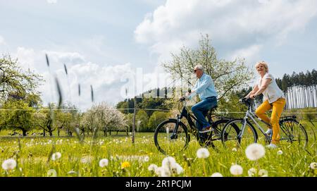 Senior couple riding bicycles in spring Stock Photo