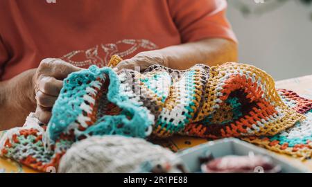 Close-up, woman, crochet blanket, work, hands, detail, Stock Photo