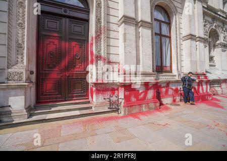 London UK. 15 May 2023  The Foreign and Commonwealth Office building in Whitehall  was sprayed rin ed paint by Palestinian Action activists  to mark the 75th anniversary of the Nakba (catastrophe)  as thousands of  Palestinians had been forced off their ancestral lands when Israel declared its independence on May 14, 1948 . Credit: amer ghazzal/Alamy Live News Stock Photo