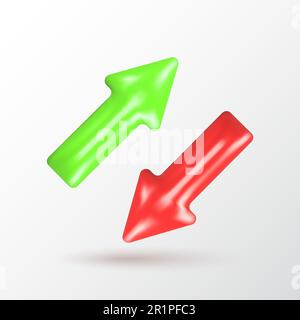 Up and down 3d shiny red green arrows. Currency price movement, finance and stocks. Vector realistic icon isloted on white background. Stock Vector