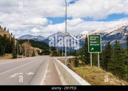 Alberta, Canada - May 11 2021 : Yellowhead Highway, Maligne Lake Rd, Road Sign. Jasper National Park. Stock Photo