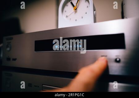 Paris, France - May 15, 2023: A display screen featuring a high-end audio system, with the name of Finlands entry Kaarija and its hit Cha Cha Cha from 2023 Eurovision Song Contest in Liverpool, England. Stock Photo