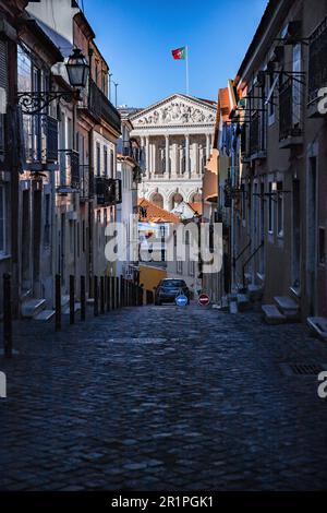The old town Bairro Alto, narrow streets, old houses and a street view of the Assembleia da República in Lisbon Portugal Stock Photo