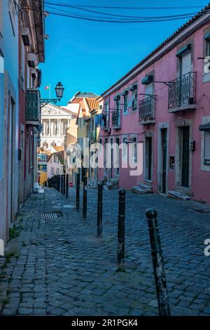 The old town Bairro Alto, narrow streets, old houses and a street view of the Assembleia da República in Lisbon Portugal