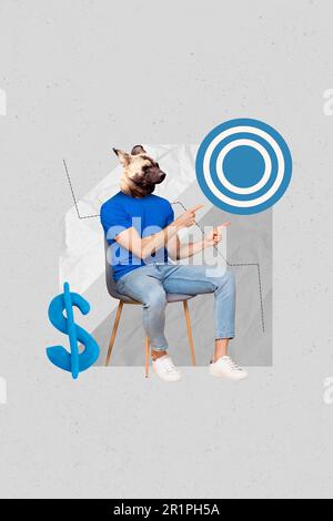 Creative 3d photo artwork collage painting of guy hyena instead head pointing target isolated grey color background Stock Photo