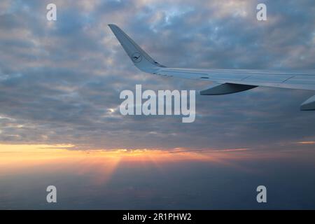 Airplane, view from the window, sea of clouds, Stock Photo