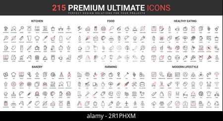 Healthy eating, modern lifestyle, kitchen and bakery equipment thin line red black icons set vector illustration. Abstract symbols agriculture farming, organic food simple design for mobile, web apps Stock Vector