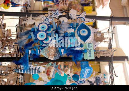 Souvenirs, souvenir store on the island of Symi, Greece, eye of Horus, protection from evil eye Stock Photo