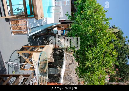 Swimming pool in the garden of a taverna near Lindos, Rhodes, Greece, Europe Stock Photo