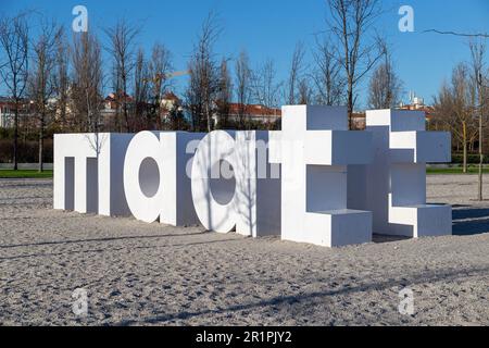 Lisbon, Portugal, Central Tejo, letters maat in front of the old power plant converted into Museu da Electricidade or Electricity Museum. Stock Photo
