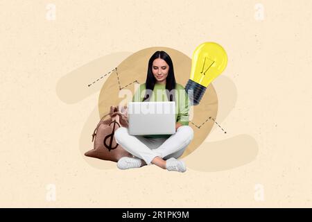 Collage illustration of young woman browsing netbook lightbulb creative idea stock graphic analytics stocks isolated on beige background Stock Photo