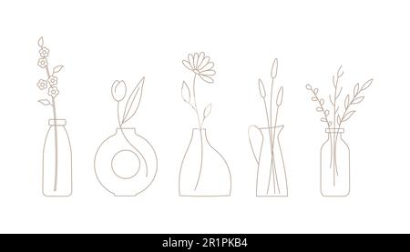 Set of outline flowers, twigs in ceramic vases. Bouquet vector illustration for card, story, web, banner. Stock Vector