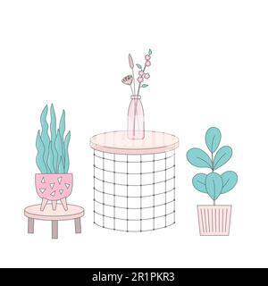 Cartoon home plants in flowerpot vector illustrations. Trendy home decor, vase, table, urban jungle for card, story, web, banner. Stock Vector