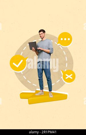 Vertical photo 3d collage confident business assistant man stand arrow pointer indicate finish deal complete isolated on yellow background Stock Photo
