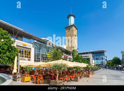 Hagen, Town Hall tower, mall Volme Galerie, open air restaurant in Ruhrgebiet, North Rhine-Westphalia, Germany Stock Photo
