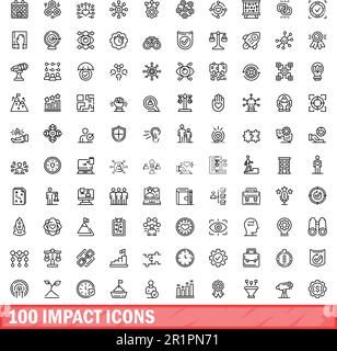 100 impact icons set. Outline illustration of 100 impact icons vector set isolated on white background Stock Vector