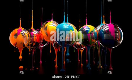 Colorful paint dripping balls on black background Stock Photo