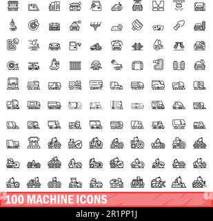 100 machine icons set. Outline illustration of 100 machine icons vector set isolated on white background Stock Vector