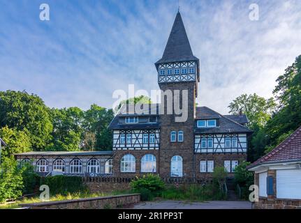 Porta Westfalica, Wittekindsburg Castle at mountain Wittekindsberg in Teutoburger Wald, North Rhine-Westphalia, Germany Stock Photo