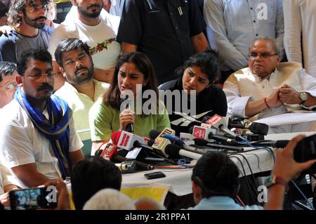 May 15, 2023, New Delhi, Delhi, India: Bhim Sena President Chander Shekhar Azad, and former governor Satpal Malik to meet with Indian Medalist Wrestlers Vinesh Phogat, Bajrang Punia and Sakshi Malik after meet to them also adress to media with them during the wrestler press conference on protest against the Brij Bhushan Sharan Singh Ruling goverment party member of Parliamenty and President of Wrestling Federation of India at Jantar Mantar, on May 15, 2023 with others wrestlers and Common person sit on in their protest against WFI president at Jantar Mantar. The protesting wrestlers accused t Stock Photo