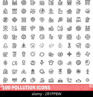 100 pollution icons set. Outline illustration of 100 pollution icons vector set isolated on white background Stock Vector