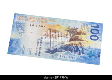 One hundred swiss franc banknote on a white background Stock Photo