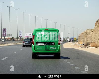 Cairo, Egypt, May 10 2023: Egyptian post delivery truck van mobile car service on the highway road, Egypt post is Egyptian agency responsible for post Stock Photo