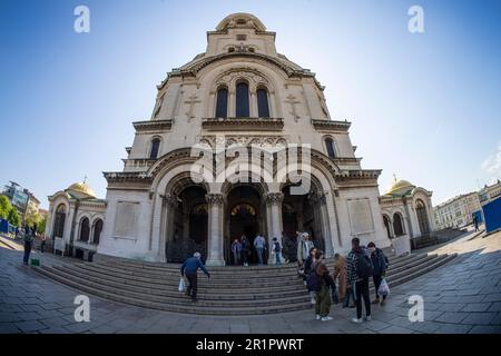 Sofia, Bulgaria. May 2023.   Exterior panoramic view of Alexander Nevsky Cathedral in city center Stock Photo