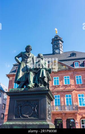 Hanau, market square with the old Neustadt Town Hall and the Brüder-Grimm-Nationaldenkmal (Brothers Grimm monument) in Rheinmain, Hesse, Germany Stock Photo