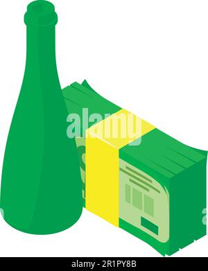 Wine sale icon isometric vector. Open wine bottle near stack of dollar banknote. Winemaking, business, hobby Stock Vector