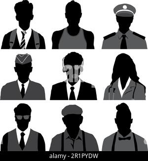 Silhouette icon set of people in multiple professions. Stock Vector