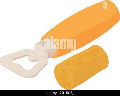 Bar equipment icon isometric vector. Wooden bottle opener near wine cork icon. Bar, restaurant, bartender tool Stock Vector