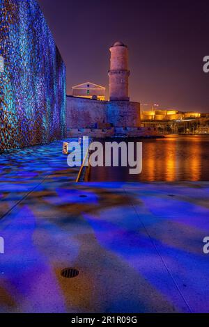 Fort Saint-Jean and Mucem by night, Marseille, Provence-Alpes-Cote d'Azur, France, Stock Photo