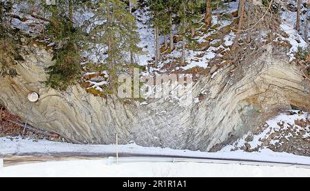 striking folds in rock face near the village of Ciampei in the Wengen region, La Valle Alto Adige Stock Photo