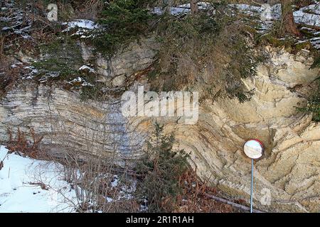 striking folds in rock face near the village of Ciampei in the region of Wengen, La Valle South Tyrol Stock Photo