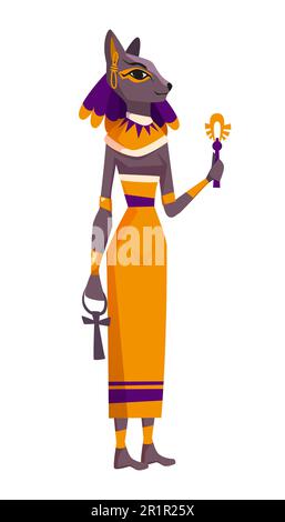 Flat ancient Egyptian goddess Bastet with head of cat. Egypt sacred animal headed woman, feline deity of domesticity and home isolated on white background. Antique mythological character from history. Stock Vector