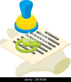 Confirmation icon isometric vector. Document, seal, checkmark sign in human hand. Financial technology, cryptocurrency concept Stock Vector