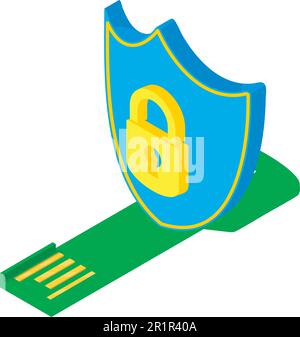 Data protected icon isometric vector. Shield with padlock image near flash drive. Storage device, modern technology, internet security Stock Vector
