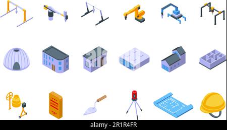 3D printing in construction icons set isometric vector. Lab print. Business computer Stock Vector