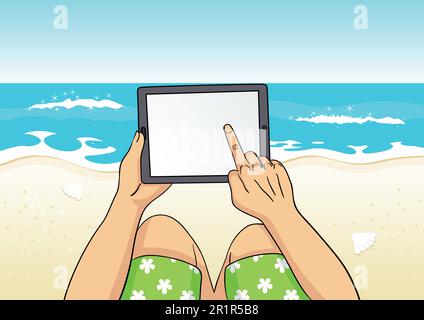 Cartoon illustration of a man using computer tablet on the beach Stock Vector